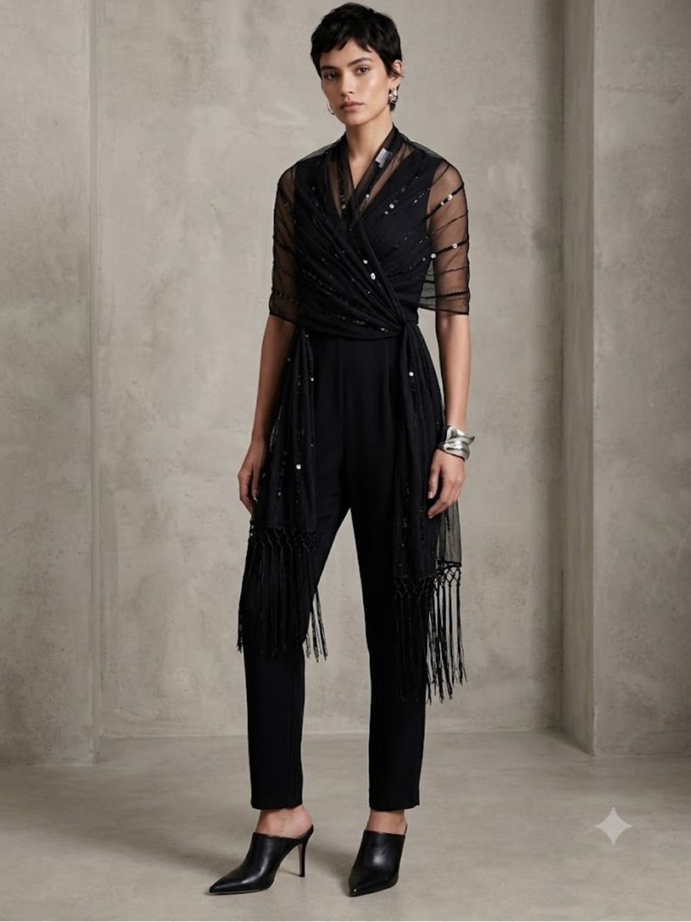 Vintage Sussan | Mesh Beaded Sequins fringe scarf wrap